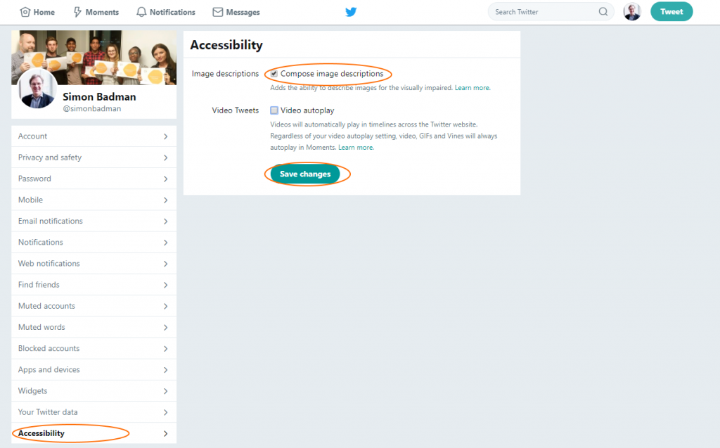 Twitter settings screenshot showing the Accessibility section from where ALT text functionality can be turned on
