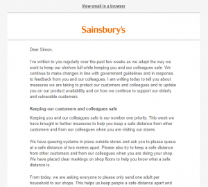 Sainsburys Covid-19 Letter
